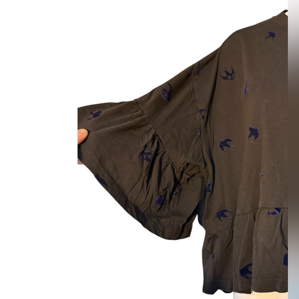 Alexander McQueen McQ Black Blue Velvet Swallow Flock Ruffled T Shirt - Picture 8 of 10
